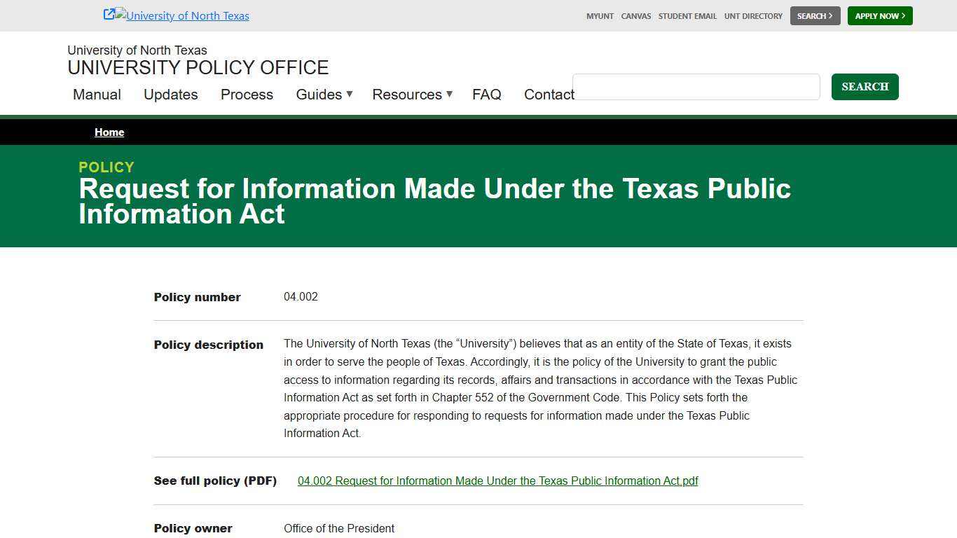 Request for Information Made Under the Texas Public Information Act University Policy Office