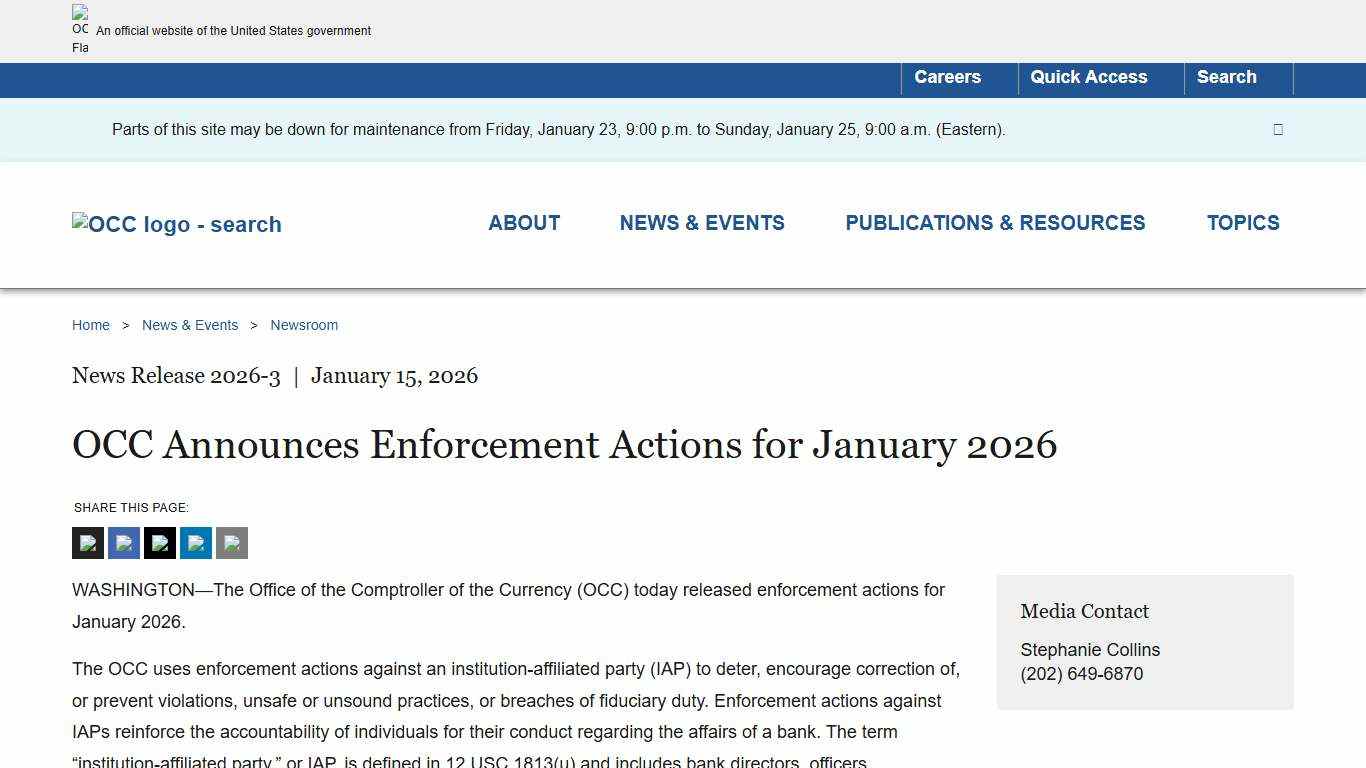 OCC Announces Enforcement Actions for January 2026 OCC