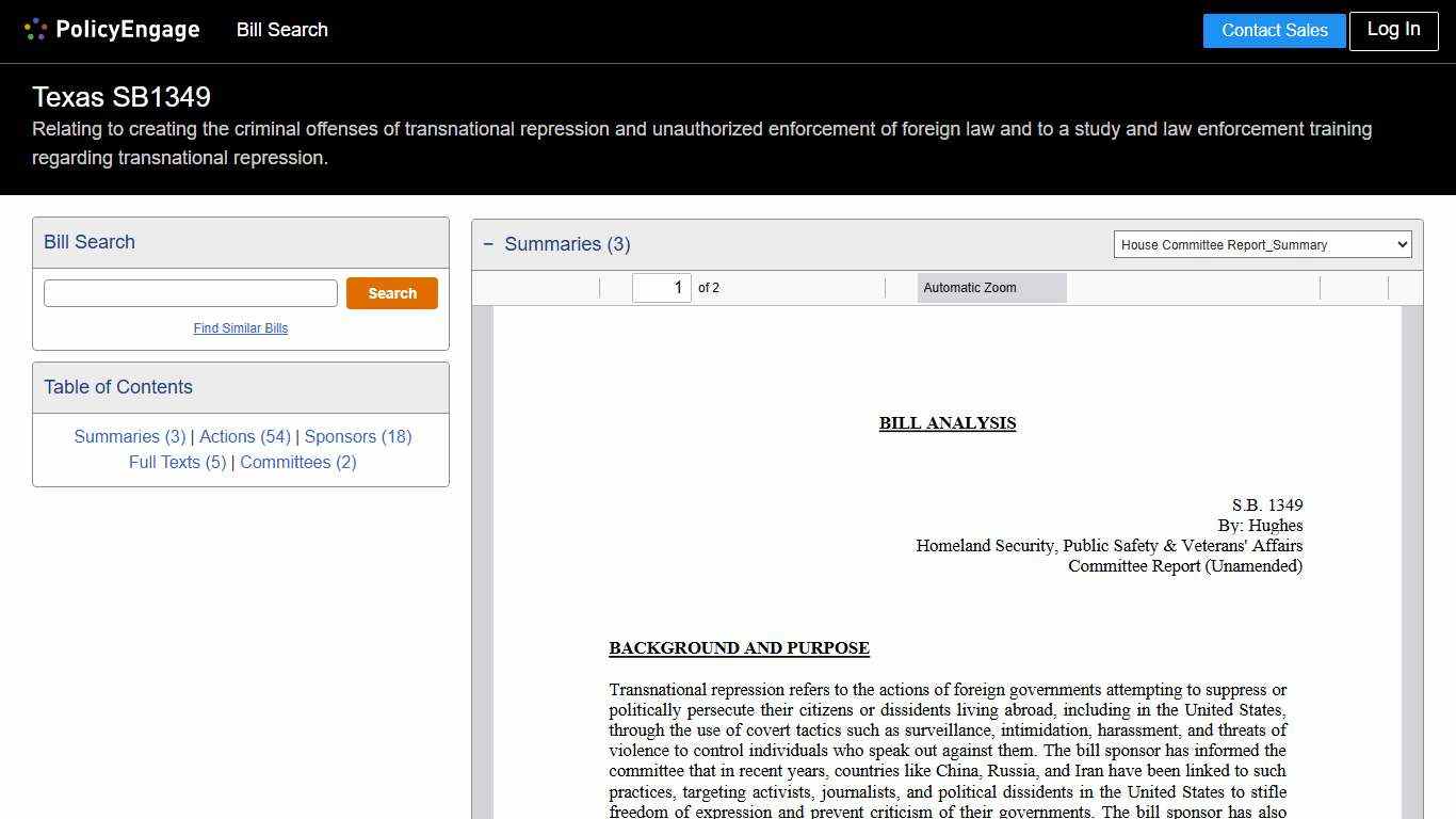 SB1349 Texas 2025-2026 Relating to creating the criminal offenses of transnational repression and unauthorized enforcement of foreign law and to a study and law enforcement training regarding transnational repression. - Legislative Tracking PolicyEngage