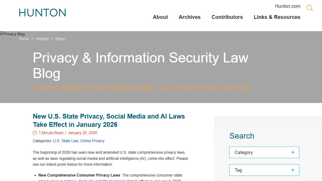 New U.S. State Privacy, Social Media and AI Laws Take Effect in January 2026